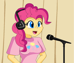Size: 710x602 | Tagged: safe, artist:koopa-master, pinkie pie, human, g4, 2011, breasts, chocolate rain (song), clothes, cutie mark on clothes, female, headphones, humanized, microphone, solo, tay zonday