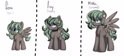 Size: 2048x936 | Tagged: safe, artist:dumbwoofer, oc, oc only, oc:forest air, pegasus, pony, age progression, chart, choker, ear piercing, eyebrows, eyebrows visible through hair, female, filly, foal, folded wings, frown, gauges, mane dye, mare, multeity, pegasus oc, piercing, simple background, smiling, solo, spread wings, teenager, white background, wings