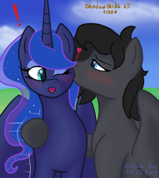 Size: 1096x1222 | Tagged: safe, artist:eklipsethepony, princess luna, oc, oc:eklipse, alicorn, pegasus, pony, g4, cheek kiss, cuddling, cute, equine, eyeshadow, heart, kissing, love, makeup, open mouth, smiling, snuggling