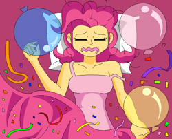 Size: 680x550 | Tagged: safe, artist:koopa-master, pinkie pie, human, g4, 2012, balloon, bare shoulders, confetti, female, humanized, pillow, streamers
