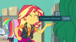 Size: 3410x1920 | Tagged: safe, edit, edited screencap, editor:itsmgh1203, screencap, fluttershy, rainbow dash, sunset shimmer, wallflower blush, human, derpibooru, equestria girls, equestria girls specials, g4, my little pony equestria girls: better together, my little pony equestria girls: forgotten friendship, 70000, ^^, clothes, cute, cutie mark on clothes, eyes closed, female, geode of empathy, hoodie, jewelry, leather, leather vest, magical geodes, meta, milestone, necklace, shimmerbetes, smiling, tags, vest