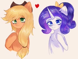 Size: 1040x788 | Tagged: safe, artist:0704jiushuang, applejack, rarity, earth pony, pony, unicorn, g4, alternate hairstyle, applejack's hat, bow, chest fluff, cowboy hat, female, hair bow, hat, heart, horn, lesbian, looking at you, ship:rarijack, shipping, simple background