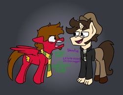 Size: 1800x1400 | Tagged: safe, artist:grandfinaleart, oc, oc only, oc:corgi, oc:grand finale, original species, pegasus, pony, brown hair, brown mane, cap, clothes, digital art, duo, duo male, facial hair, glasses, goatee, gradient background, hat, horn, jacket, male, muttonchops, pants, pegasus oc, red fur, scarf, shirt, shoes, shorts, sideburns, simple background, smiling, spread wings, striped scarf, teasing, unicorn horn, wings, yelling