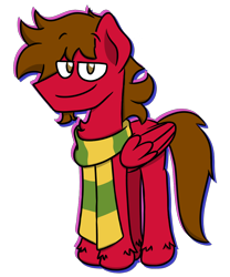 Size: 1000x1200 | Tagged: safe, artist:grandfinaleart, oc, oc only, oc:grand finale, pegasus, pony, brown eyes, brown hair, brown mane, clothes, digital art, facial hair, goatee, lidded eyes, looking at you, male, pegasus oc, red fur, scarf, simple background, smiling, smiling at you, solo, stallion, standing, striped scarf, transparent background, unshorn fetlocks, wings