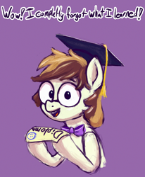 Size: 2048x2487 | Tagged: safe, artist:phutashi, oc, oc only, oc:phutashi, earth pony, pony, atg 2022, bowtie, diploma, glasses, graduation cap, hat, high res, looking at you, male, misspelling, newbie artist training grounds, open mouth, open smile, purple background, simple background, smiling, smiling at you, solo, stallion, talking to viewer