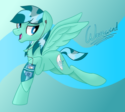 Size: 2221x2000 | Tagged: safe, artist:notadeliciouspotato, oc, oc only, oc:wavewind, pegasus, pony, abstract background, earbuds, gradient background, high res, male, mp3 player, open mouth, open smile, smiling, solo, spread wings, stallion, text, wings