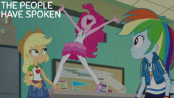 Size: 1280x720 | Tagged: safe, edit, edited screencap, editor:quoterific, screencap, applejack, pinkie pie, rainbow dash, human, equestria girls, equestria girls specials, g4, my little pony equestria girls: better together, my little pony equestria girls: forgotten friendship, applejack's hat, belt, clothes, cowboy hat, cutie mark on clothes, denim, denim skirt, female, geode of sugar bombs, geode of super speed, geode of super strength, hat, hoodie, magical geodes, nose in the air, open mouth, open smile, skirt, smiling, tank top, text, trio, trio female