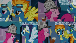 Size: 1280x720 | Tagged: safe, edit, edited screencap, editor:quoterific, screencap, fleetfoot, pinkie pie, soarin', spitfire, earth pony, pegasus, pony, g4, season 7, secrets and pies, clothes, detective, eyes closed, female, goggles, lockers, male, mare, open mouth, spread wings, stallion, text, uniform, wings, wonderbolts uniform
