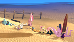 Size: 3840x2160 | Tagged: safe, artist:cutthroadstreak, applejack, fluttershy, pinkie pie, rainbow dash, rarity, twilight sparkle, alicorn, earth pony, pegasus, unicorn, anthro, plantigrade anthro, g4, 3d, ass, barefoot, beach, belly, belly button, bikini, buried, butt, cartoon physics, clothes, family guy, family guy death pose, feet, funny, high res, legs together, male, mane six, pinkie being pinkie, pinkie physics, rainbutt dash, rarity's purple bikini, sand, source filmmaker, stuck, surfboard, swimsuit, twibutt, twilight sparkle (alicorn), wetsuit, yamcha's death pose