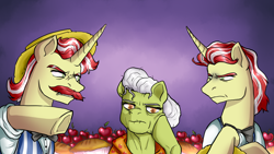 Size: 1920x1080 | Tagged: safe, artist:not-ordinary-pony, flam, flim, granny smith, earth pony, pony, unicorn, friends forever, g4, idw, spoiler:comic, spoiler:comicff9, abstract background, brothers, female, flim flam brothers, male, mare, siblings, simple background, stallion