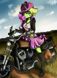 Size: 1550x2092 | Tagged: source needed, useless source url, safe, artist:yuris, oc, oc only, unicorn, anthro, plantigrade anthro, biker, biker jacket, boots, bubblegum, clothes, curly hair, female, field trip, floppy ears, food, glasses, gum, horn, jacket, leather, leather jacket, motorcycle, shoes, skirt, solo, swirly eyes, unicorn oc, wingding eyes