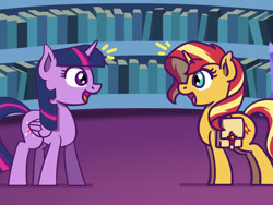 Size: 1800x1350 | Tagged: safe, artist:flutterluv, part of a set, sunset shimmer, twilight sparkle, alicorn, pony, unicorn, g4, atg 2022, bag, bookshelf, duo, looking at each other, looking at someone, newbie artist training grounds, part of a series, saddle bag, twilight sparkle (alicorn)