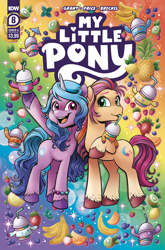 Size: 2063x3131 | Tagged: safe, artist:brenda hickey, idw, official comic, izzy moonbow, sunny starscout, earth pony, pony, unicorn, g5, my little pony: a new generation, official, spoiler:comic, spoiler:g5comic, spoiler:g5comic08, abstract background, applejack's cutie mark, banana, blueberry, bracelet, bubble, clothes, coat markings, colorful, comic cover, cover, cover art, drinking straw, female, fluttershy's cutie mark, food, friendship bracelet, fruit, fruity, high res, jewelry, kiwi fruit, lemon, mane six cutie marks, mane stripe sunny, mare, mint, my little pony logo, orange, pineapple, pinkie pie's cutie mark, rainbow dash's cutie mark, rarity's cutie mark, smoothie, socks (coat markings), sparkles, strawberry, sweater, text, twilight sparkle's cutie mark, umbrella, unshorn fetlocks