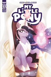 Size: 2063x3131 | Tagged: safe, artist:justasuta, twilight sparkle, alicorn, pony, g5, idw, official, the last problem, spoiler:comic, spoiler:g5comic, spoiler:g5comic08, comic cover, crown, earth pony crystal, ethereal mane, female, folded wings, frown, glowing, glowing horn, high res, hoof shoes, horn, jewelry, magic, magic aura, mare, my little pony logo, older, older twilight, pegasus crystal, peytral, princess twilight 2.0, regalia, sitting, solo, telekinesis, text, throne, twilight sparkle (alicorn), unicorn crystal, unity crystals, wings