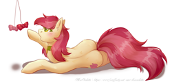 Size: 2778x1338 | Tagged: safe, artist:blueomlette, roseluck, earth pony, pony, g4, behaving like a cat, bow, butt, collar, commission, commissioner:doom9454, cute, lying down, pet tag, plot, pony pet, rosabetes, rosebutt, rosepet, simple background, solo, spine, white background
