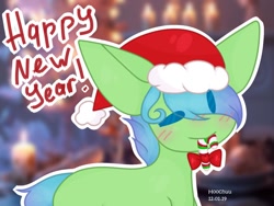 Size: 1280x960 | Tagged: safe, artist:hoochuu, oc, oc only, earth pony, pony, base used, candy, candy cane, christmas, commission, earth pony oc, food, happy new year, hat, holiday, mouth hold, one eye closed, santa hat, smiling, solo, wink, ych result
