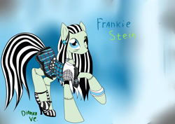 Size: 3507x2480 | Tagged: safe, artist:diankave, earth pony, pony, abstract background, bracelet, clothes, female, frankie stein, high res, jewelry, mare, monster high, ponified, raised hoof, skirt, solo