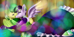 Size: 2362x1181 | Tagged: safe, artist:diankave, oc, oc:wooden toaster, pegasus, anthro, abstract background, clothes, dress, ear piercing, female, hug, kissing, male, oc x oc, pegasus oc, piercing, shipping, straight, wings