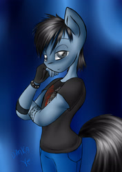 Size: 2480x3507 | Tagged: safe, artist:diankave, oc, earth pony, anthro, abstract background, bedroom eyes, bracelet, clothes, earth pony oc, gloves, high res, jewelry, male, pants, solo
