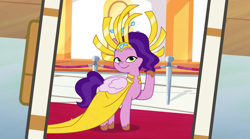 Size: 3500x1951 | Tagged: safe, screencap, pipp petals, pegasus, pony, g5, my bananas, my little pony: tell your tale, spoiler:g5, spoiler:my little pony: tell your tale, spoiler:tyts01e21, cellphone, clothes, crown, dress, female, headdress, jewelry, looking at you, mare, phone, pipp petals always dresses in style, regalia, smartphone, solo