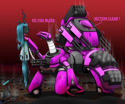 Size: 2173x1795 | Tagged: safe, artist:questionmarkdragon, queen chrysalis, changeling, changeling queen, robot, fallout equestria, g4, choking, female, solo