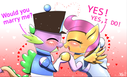 Size: 2489x1502 | Tagged: safe, artist:questionmarkdragon, scootaloo, spike, dragon, pegasus, pony, g4, abstract background, blushing, choker, clothes, dialogue, dress, female, filly, foal, hat, heart, male, request, scootaloo also dresses in style, ship:scootaspike, shipping, straight, tomboy taming