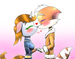 Size: 1679x1316 | Tagged: safe, artist:questionmarkdragon, oc, oc:littlepip, fox, unicorn, anthro, fallout equestria, abstract background, blushing, clothes, ear blush, floppy ears, hetero littlepip, holding hands, horn, jumpsuit, oc x oc, shipping, unicorn oc, vault suit