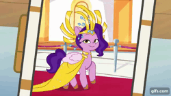 Size: 640x360 | Tagged: safe, screencap, pipp petals, pegasus, pony, g5, my bananas, my little pony: tell your tale, spoiler:g5, spoiler:my little pony: tell your tale, spoiler:tyts01e21, animated, cellphone, clothes, crown, dress, fail, female, gif, headdress, it's coming right at us, jewelry, mare, phone, regalia, smartphone, solo, stumbling, youtube link