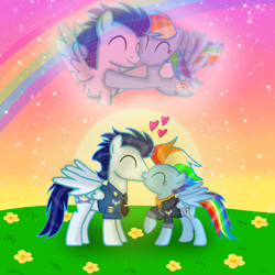 Size: 900x900 | Tagged: safe, artist:mlplary6, rainbow dash, soarin', pegasus, pony, g4, the last problem, bomber jacket, clothes, female, flower, heart, husband and wife, jacket, kissing, male, mare, older, older rainbow dash, older soarin', older soarindash, rainbow, ship:soarindash, shipping, sparkles, stallion, straight, sun, sunset