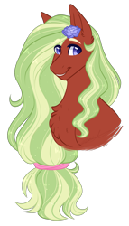 Size: 1261x2200 | Tagged: safe, artist:purplegrim40, oc, oc only, earth pony, pony, bust, chest fluff, earth pony oc, female, flower, flower in hair, mare, rose, simple background, smiling, solo, transparent background