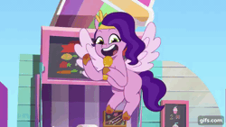 Size: 640x360 | Tagged: safe, screencap, pipp petals, pegasus, pony, g5, my bananas, my little pony: tell your tale, spoiler:g5, spoiler:my little pony: tell your tale, spoiler:tyts01e21, adorapipp, animated, cute, female, flying, gif, gifs.com, grin, headband, jewelry, mare, microphone, open mouth, open smile, regalia, smiling, solo