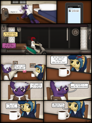 Size: 1750x2333 | Tagged: safe, artist:99999999000, oc, oc only, oc:firearm king, oc:su wendi, earth pony, pony, comic:journey, bed, bedroom, cellphone, clothes, coffee, comic, duo, female, male, motorcycle, mug, phone, smartphone