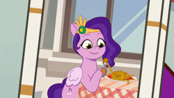 Size: 800x450 | Tagged: safe, screencap, pipp petals, pegasus, pony, g5, my bananas, my little pony: tell your tale, spoiler:g5, spoiler:tyts01e21, animated, cellphone, eating, eyes closed, fail, female, food, fork, gif, headband, jewelry, looking sideways, mare, messy, pasta, phone, regalia, shifty eyes, smartphone, solo, spaghetti, succ, sunglasses, table, youtube link