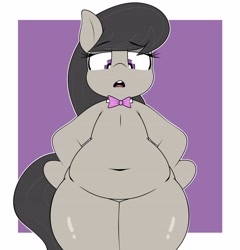 Size: 3920x4080 | Tagged: safe, artist:blitzyflair, octavia melody, earth pony, pony, g4, belly, belly button, bipedal, bowtie, chubby, eyebrows, eyebrows visible through hair, female, hooves on hips, looking at you, mare, open mouth, solo, standing on two hooves, wide hips