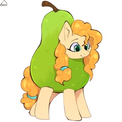 Size: 1100x1100 | Tagged: safe, artist:glazirka, pear butter, earth pony, pony, g4, clothes, commission, costume, female, food, food costume, fruit, fruit costume, mare, pear, pear costume, simple background, solo, white background
