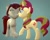 Size: 5000x4000 | Tagged: safe, artist:wissle, sunset shimmer, oc, oc:canni soda, earth pony, pony, unicorn, galacon, g4, 3d, :s, absurd resolution, atg 2022, blender, cheek kiss, crossed legs, eyes closed, female, happy, kissing, mare, newbie artist training grounds, nose kiss, platonic kiss, raised hoof, raised leg, simple background, wavy mouth