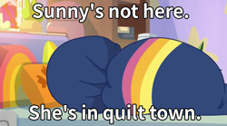 Size: 1800x1000 | Tagged: safe, edit, edited screencap, screencap, sunny starscout, earth pony, pony, g5, my bananas, my little pony: tell your tale, spoiler:tyts01e21, bed, blanket, female, gravity falls, male, mare, quilt, sweater town, the hand that rocks the mabel