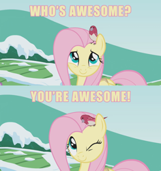 Size: 1200x1272 | Tagged: safe, edit, edited screencap, screencap, fluttershy, bird, pegasus, pony, g4, winter wrap up, caption, cute, female, image macro, impact font, mare, one eye closed, shyabetes, smiling, snow, solo, text, wink
