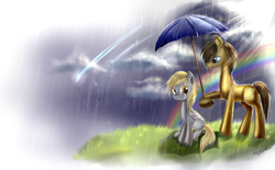 Size: 2100x1300 | Tagged: safe, alternate version, artist:aquagalaxy, derpy hooves, doctor whooves, time turner, earth pony, pegasus, pony, g4, crying, female, male, mare, rain, rainbow, ship:doctorderpy, shipping, stallion, straight, umbrella, wallpaper
