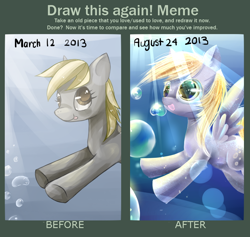 Size: 784x744 | Tagged: safe, artist:aquagalaxy, derpy hooves, pegasus, pony, g4, :p, bubble, comparison, crepuscular rays, draw this again, female, flowing mane, mare, ocean, redraw, smiling, solo, sunlight, swimming, tongue out, underwater, water