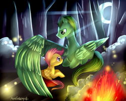 Size: 1500x1200 | Tagged: safe, artist:aquagalaxy, scootaloo, oc, oc:emerald rescue, pegasus, pony, g4, campfire, crescent moon, forest, lying down, moon, night, solo