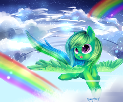 Size: 3000x2500 | Tagged: safe, artist:aquagalaxy, oc, oc only, pegasus, pony, cloud, flying, high res, open mouth, open smile, pegasus oc, rainbow, smiling, solo