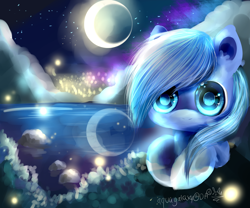 Size: 3000x2500 | Tagged: safe, artist:aquagalaxy, oc, oc only, pony, crescent moon, front view, high res, looking at you, lying down, moon, night, prone, solo, water