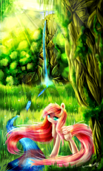 Size: 3000x5000 | Tagged: safe, artist:aquagalaxy, fluttershy, pegasus, pony, g4, crepuscular rays, female, forest, high res, lidded eyes, long mane, long tail, mare, river, solo, stream, tail, water, waterfall