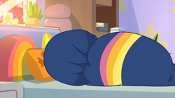 Size: 1070x602 | Tagged: safe, screencap, sunny starscout, earth pony, pony, g5, my bananas, my little pony: tell your tale, spoiler:g5, spoiler:my little pony: tell your tale, spoiler:tyts01e21, 2d, bed, blanket, female, hiding, indoors, mare