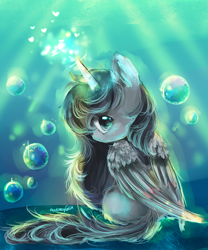 Size: 2500x3000 | Tagged: safe, artist:aquagalaxy, oc, oc only, alicorn, pony, alicorn oc, bubble, female, filly, foal, high res, horn, looking back, sitting, solo, wings