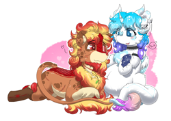 Size: 2332x1649 | Tagged: safe, artist:焰心fireworks, oc, oc only, oc:cookie warm, oc:shining blade, dracony, dragon, hybrid, kirin, succubus, succubus pony, amputee, belly, blind, broken horn, couple, horn, pregnant, scar, shipping, succubus oc