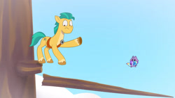 Size: 3410x1920 | Tagged: safe, screencap, hitch trailblazer, earth pony, pony, raccoon, raccoonicorn, g5, my bananas, my little pony: tell your tale, spoiler:g5, spoiler:my little pony: tell your tale, spoiler:tyts01e21, cartoon physics, coat markings, duo, frown, gem, high res, male, pinpoint eyes, socks (coat markings), stallion, tree, tree branch, youtube link