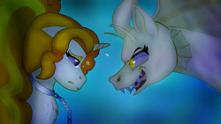 Size: 1280x720 | Tagged: safe, artist:zephyrskiesva, adagio dazzle, pony, siren, unicorn, g4, bubble, chest fluff, crepuscular rays, digital art, fangs, female, horn, looking at each other, looking at someone, mare, ocean, open mouth, orange mane, purple eyes, sad, self paradox, self ponidox, solo, underwater, water, yellow eyes