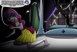 Size: 3600x2440 | Tagged: safe, artist:artemis-polara, opalescence, rarity, sweetie belle, cat, demon, human, equestria girls, g4, barefoot, belt, clothes, commission, evil, feet, glowing, glowing eyes, high res, lightning, possessed, possession, rarity's bedroom, skirt, speech bubble